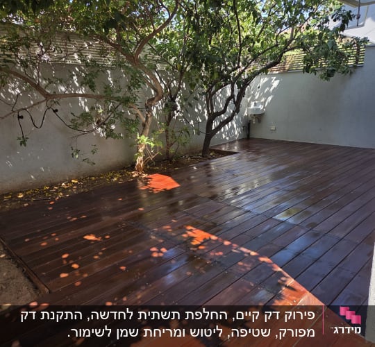 דק עץ כהה ומבריק מותקן בחצר בית עם עצים